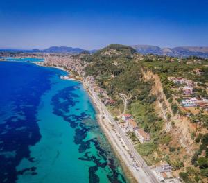 an aerial view of a beach and the ocean at Olive Zen Villa Zante with Private Pool & Sunrise Sea View in Zakynthos