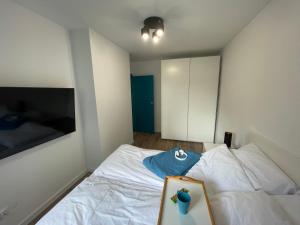 Una habitación con una cama con una camisa azul. en Szpakowa Luxury Apartment, en Cracovia