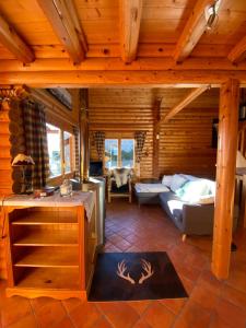a living room with a fireplace in a log cabin at Chalet en rondins avec magnifique vue in Font-Romeu-Odeillo-Via