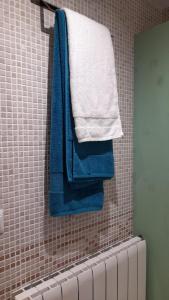 a bathroom with blue and white towels on a wall at Apartamento CIR in Villanúa +13 photos