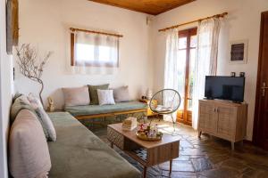 a living room with a couch and a tv at Jutta's house in Kallithéa