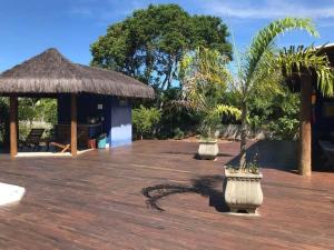 聖克魯斯－卡布拉利亞的住宿－Casa charmosa na Praia de Santo Andre/ Bahia，一个带茅草屋顶和一些树木的庭院