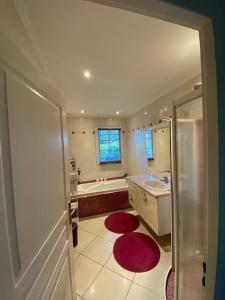 ein Bad mit einer Badewanne, einem Waschbecken und einer Dusche in der Unterkunft Maison chaleureuse aux portes de Tours. in Saint-Branchs