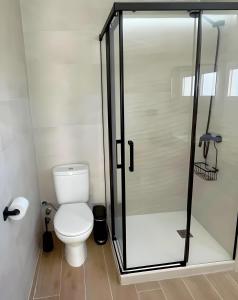 トレモリノスにあるPrecioso apartamento reformado con vistas directas al marのバスルーム(トイレ、ガラス張りのシャワー付)