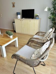 een rieten stoel in een woonkamer met een televisie bij Kaap 10 in Hollum