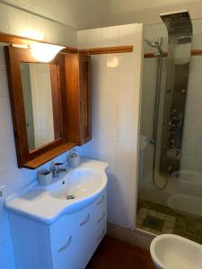 a bathroom with a sink and a shower at Il Carpino luxury historic apartment in Carpineto Romano