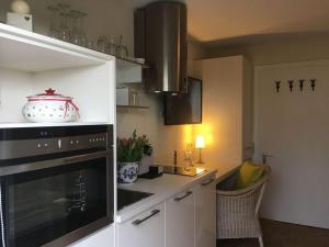 - une cuisine équipée d'un four avec plaques de cuisson en noir et blanc dans l'établissement Apartment Mini Suite, à Höchenschwand