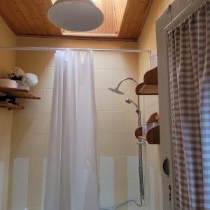 a bathroom with a shower with a white shower curtain at El Abuelo Angel in Ribadavia