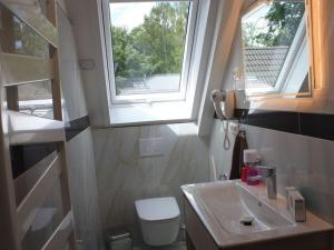 ein Bad mit einem Waschbecken, einem WC und einem Fenster in der Unterkunft Holiday room Lenzer Hafen in Lenz