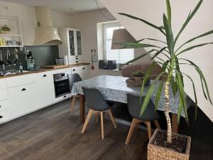 a kitchen and dining room with a table and a potted plant at Holiday apartment Ponywiese in Ihlow