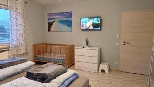 1 dormitorio con 2 camas y TV en la pared en Ferienhaus Guldner mit Terrasse, Garten und Sauna, en Überherrn
