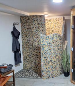 y baño con ducha y pared de azulejos. en Ferienhaus Guldner mit Terrasse, Garten und Sauna, en Überherrn