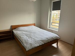 a bed in a bedroom with a window at Beautiful apartment with sauna in Tallinn