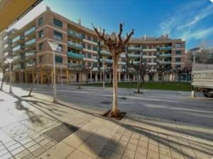 a tree in front of a large building at Apartamento con piscina in Benicarló