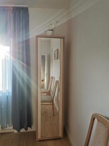 a mirror in front of a room with a chair at Apartments in Biedenkopf in Biedenkopf