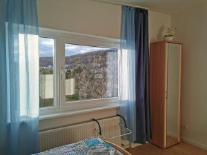 a bedroom with a window with a view of a city at Apartments in Biedenkopf in Biedenkopf