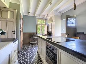 uma cozinha com uma grande ilha num quarto em Clos des Rogations em Saint-Hubert
