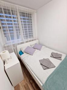 ein kleines Schlafzimmer mit einem Bett und einem Fenster in der Unterkunft Lawendowy Zakątek Apartament in Kłodzko