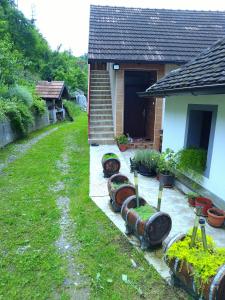 a yard with a house with a row of barrels at Vikendica Dragica 1 in Ljubovija