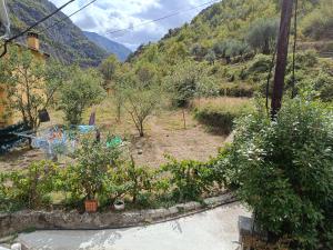 a view of a garden with trees and mountains at La petite tanière in Fontan