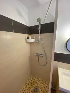 un baño con ducha y lavabo en Appt T3 front de mer belle vue, en Narbona 12 fotos más