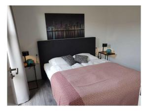 a bedroom with a large bed with a pink blanket at Holiday home Chalet 79 in Olburgen