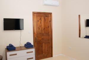 San ĠwannにあるBlossoms Apartmentの木製のドアとテレビが備わる客室です。