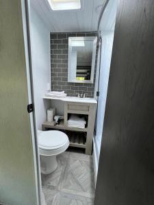 bagno con servizi igienici, lavandino e specchio di Homestead RV a Homestead