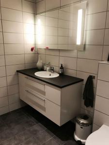 a bathroom with a sink and a mirror at Familiebolig med nydelig utsikt in Trondheim