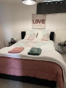ein Schlafzimmer mit einem Bett mit zwei Taschen darauf in der Unterkunft A l'Abri du Temps in Châteaudun