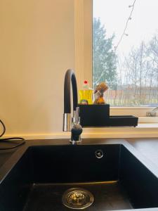 a kitchen sink with a faucet next to a window at 1 private room in Billund in Billund