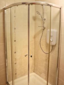 W łazience znajduje się prysznic ze szklanymi drzwiami. w obiekcie Deluxe Dwelling - 15 mins from Cork City/Airport w Cork