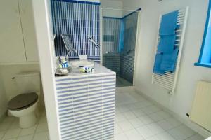 ein Badezimmer mit Dusche, Waschbecken und Toilette in der Unterkunft Gîte du Moulin - Appartement plein centre ville - spacieux 2p - 1er etage maison de pécheur à 100m de la plage in Le Crotoy + 19 Fotos