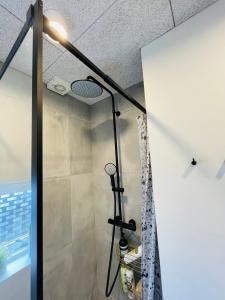 a bathroom with a shower with a light on the ceiling at 1 private room in Billund in Billund