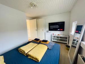 una camera con letto blu e TV a schermo piatto di The Cosy Corner a Billund
