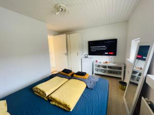 sypialnia z niebieskim łóżkiem i telewizorem z płaskim ekranem w obiekcie 1 private room in Billund w Billund