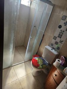 a bathroom with a shower and a toilet with a flower seat at Mini Chácara Cristo Redentor in Marechal Deodoro