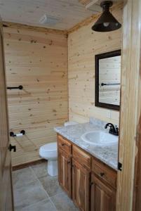 a bathroom with a sink and a toilet at Toledo Queen Lakefront Custom 4 BR Home, Boathouse in Alliance