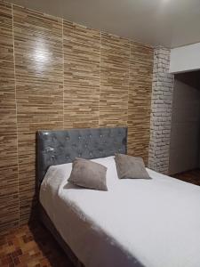 um quarto com uma cama com duas almofadas em Aparta estudio valyval em Ibagué