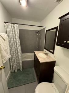 y baño con aseo, lavabo y ducha. en Urban Retreat 3 Bedroom Apt. en Chicago