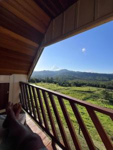 a person laying on a balcony looking out at the view at Chalé das Margaridas in Rio Forcação