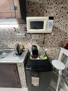 uma pequena cozinha com um micro-ondas e um lavatório em Freyja em Chuy