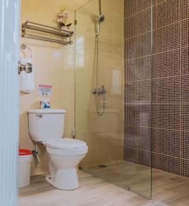 a bathroom with a toilet and a glass shower at B-7 hermoso apartamento zona de Parapentes al pie de la montaña in Jarabacoa