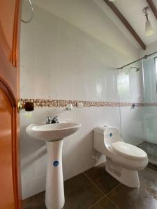 a white bathroom with a sink and a toilet at Disfrute cabaña cálida, con piscina y zonas verdes in Viterbo