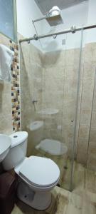 y baño con aseo y ducha acristalada. en Apartahotel San Isidro, en Monguí