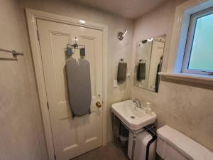 a bathroom with a sink and a white door at Tiny House in the Sky in Dunedin