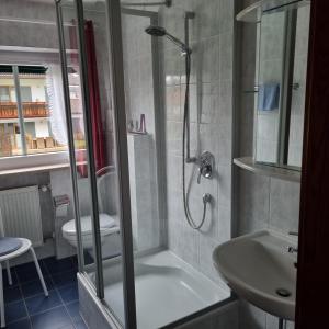 a bathroom with a shower and a toilet and a sink at Ferienwohnung Trattler in Chieming