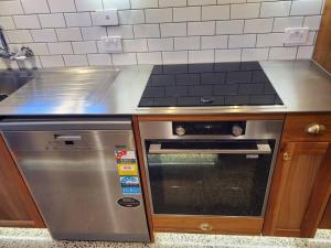 una cucina con piano cottura e forno in acciaio inossidabile di Koru Flat a Dunedin