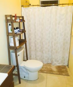 a bathroom with a toilet with a shower curtain at OCEAN VIEW VILLA, Tortola, British Virgin Islands in Tortola Island