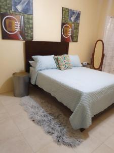 a bedroom with a bed with a rug at OCEAN VIEW VILLA, Tortola, British Virgin Islands in Tortola Island